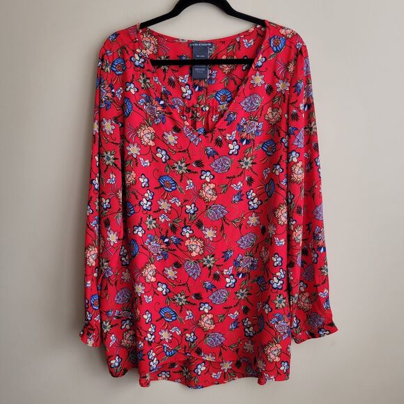 Chelsea & Theodore Womens Blouse Plus Size XXL Red Floral Print Crossover Hem - Picture 1 of 10